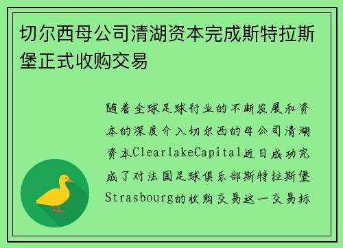 切尔西母公司清湖资本完成斯特拉斯堡正式收购交易 切尔西母公司清湖资本完成斯特拉斯堡正式收购交易