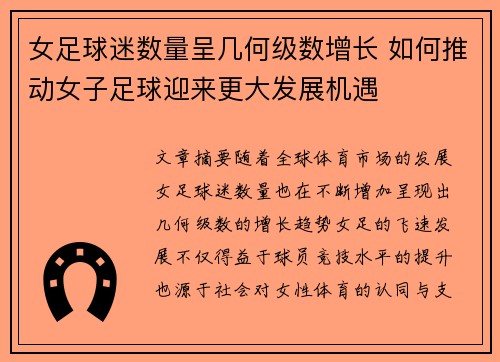女足球迷数量呈几何级数增长 如何推动女子足球迎来更大发展机遇