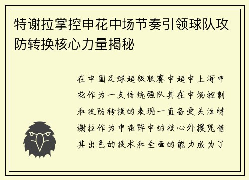 特谢拉掌控申花中场节奏引领球队攻防转换核心力量揭秘 特谢拉掌控申花中场节奏引领球队攻防转换核心力量揭秘